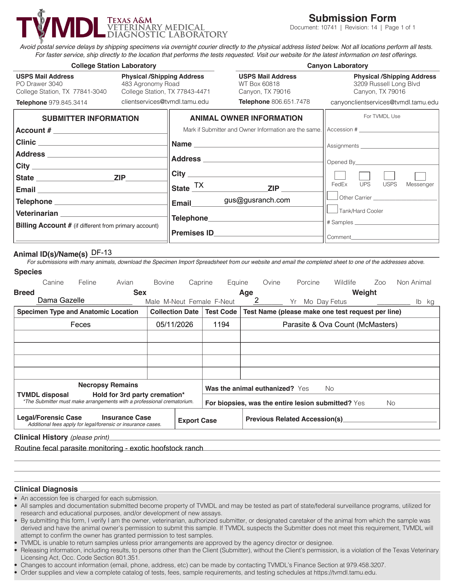 Actual TVMDL submission form generated for DF-13 from the Demo Ranch sample workflow